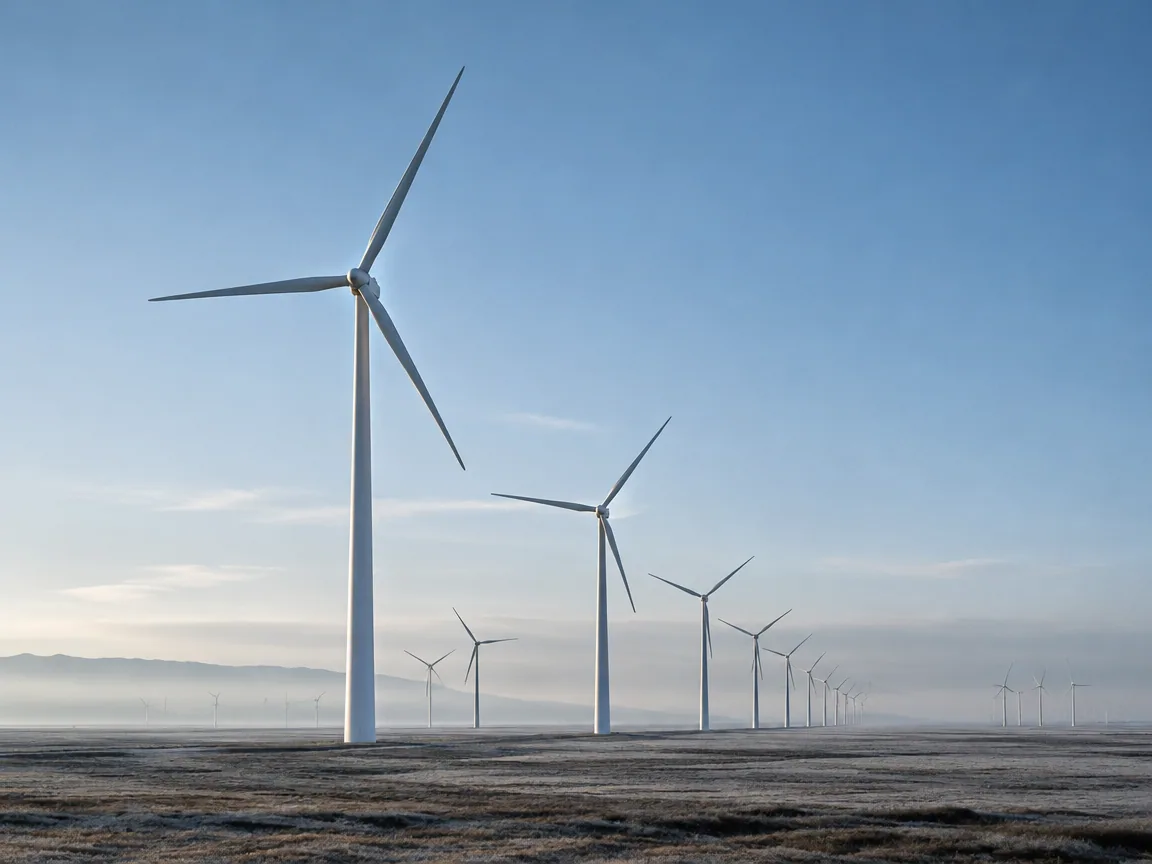 Windpark in offener Landschaft im Morgenlicht